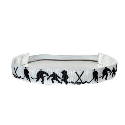 black and white hockey headband with hockey players and hockey sticks in black