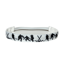 Load image into Gallery viewer, black and white hockey headband with hockey players and hockey sticks in black
