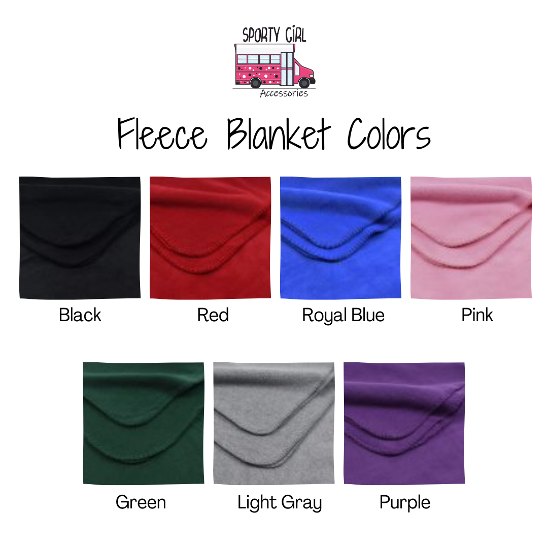 A color options chart for a fleece blanket, showing seven fabric swatches labeled Black, Red, Royal Blue, Pink, Green, Light Gray, and Purple with the heading 'Fleece Blanket Colors' and a 'Sporty Girl Accessories' logo at the top.