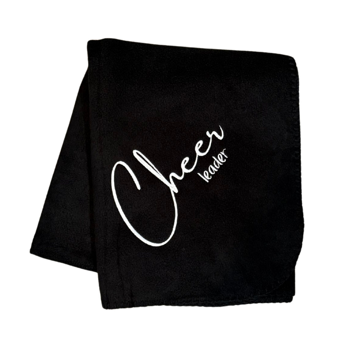 black cheerleader blanket in white stitching