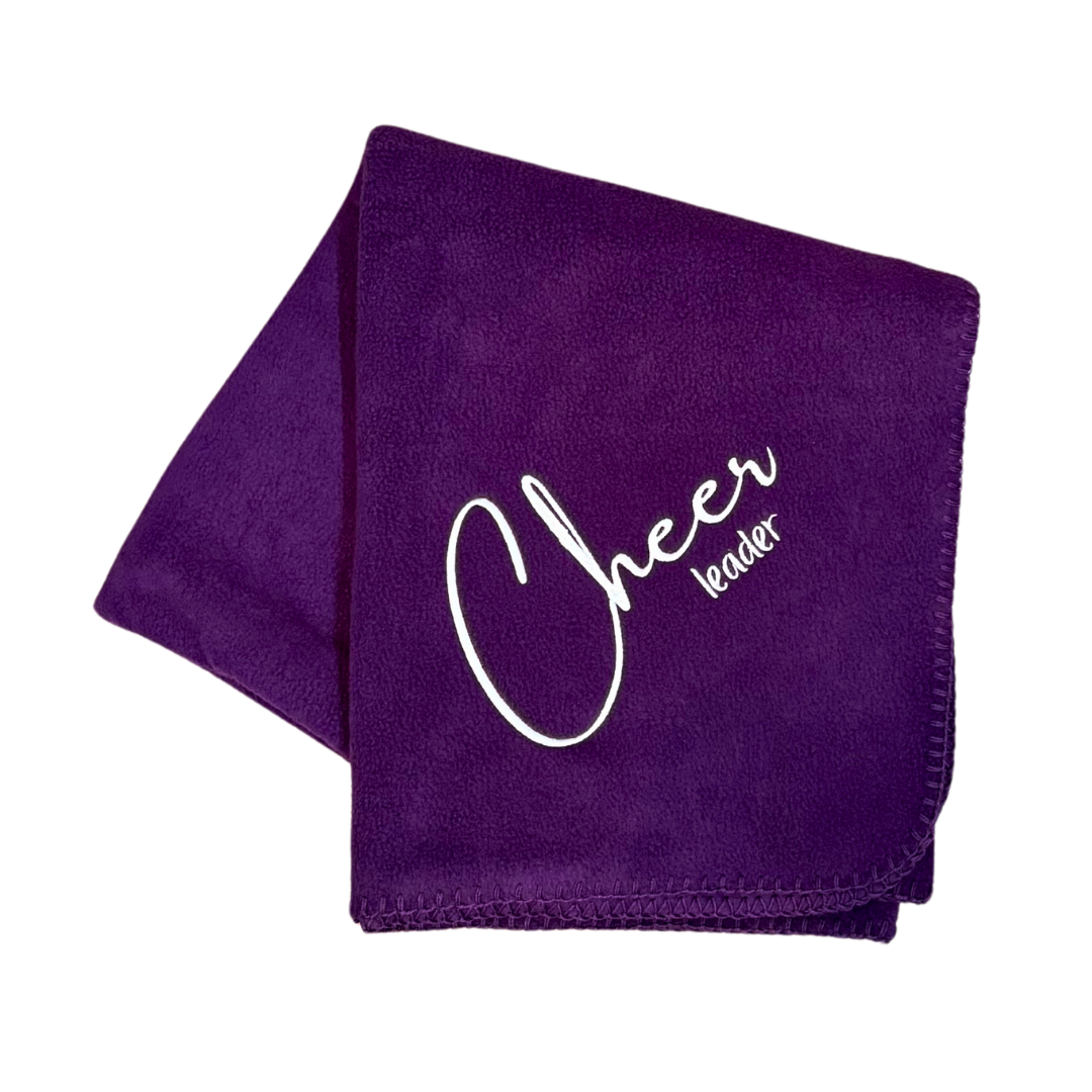 purple cheerleader blanket with white embroidery thread