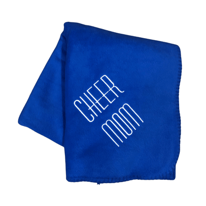 royal blue blanket with cheer mom embroidered in white thread