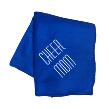 Load image into Gallery viewer, royal blue blanket with cheer mom embroidered in white thread
