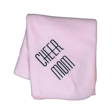 pink cheer mom blanket with black stitching