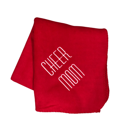 red cheer mom blanket with white embroidery
