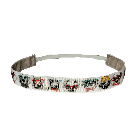 Headband with dog-themed design on a white background