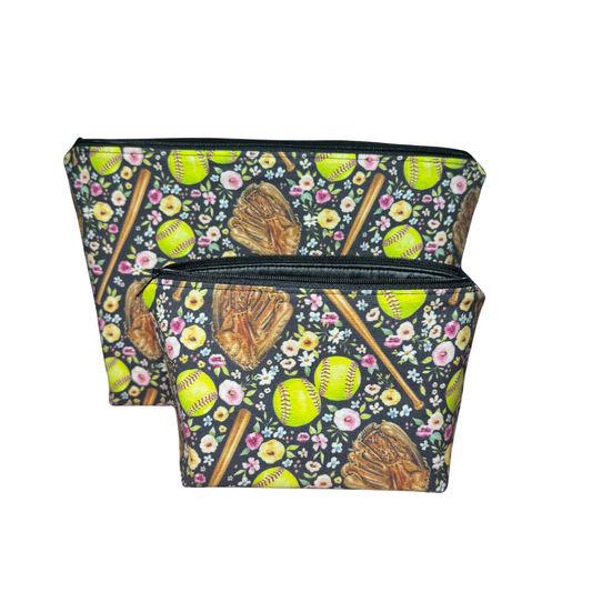 floral softball themed makeup bag set with softballs, gloves, and bats