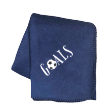 Load image into Gallery viewer, navy blue soccer blanket with GOALS embroidered with soccer ball as the O in Goals

