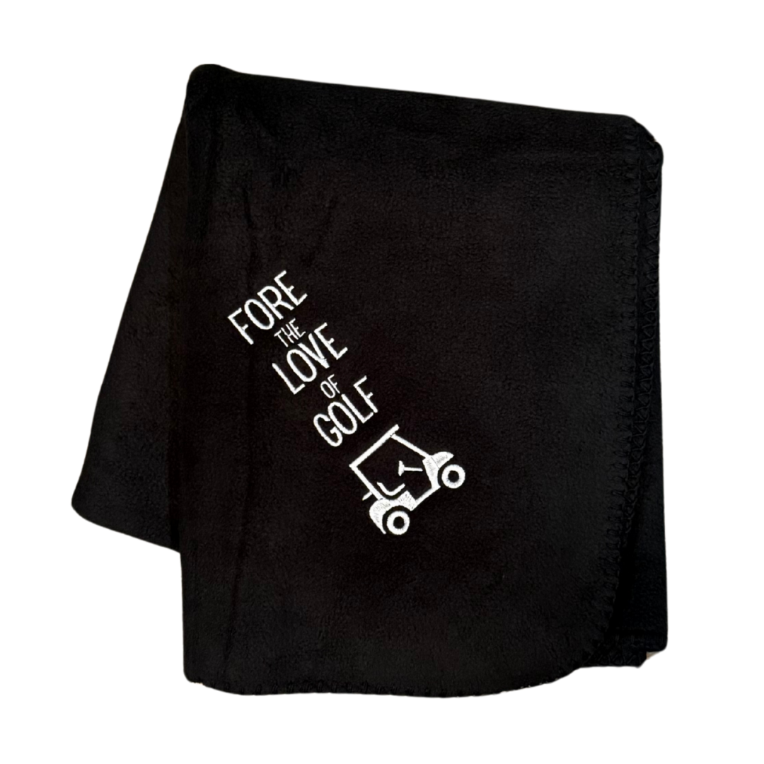fore the love of golf black fleece blanket with white embroidery