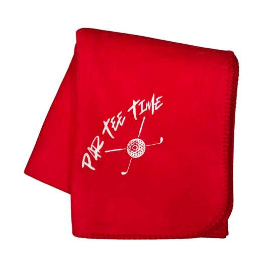 Red blanket with 'Par Tee Time' text and golf club design in white embroidery