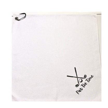 White golf towel with 'Par Tee Time' text and golf club icons on a white background