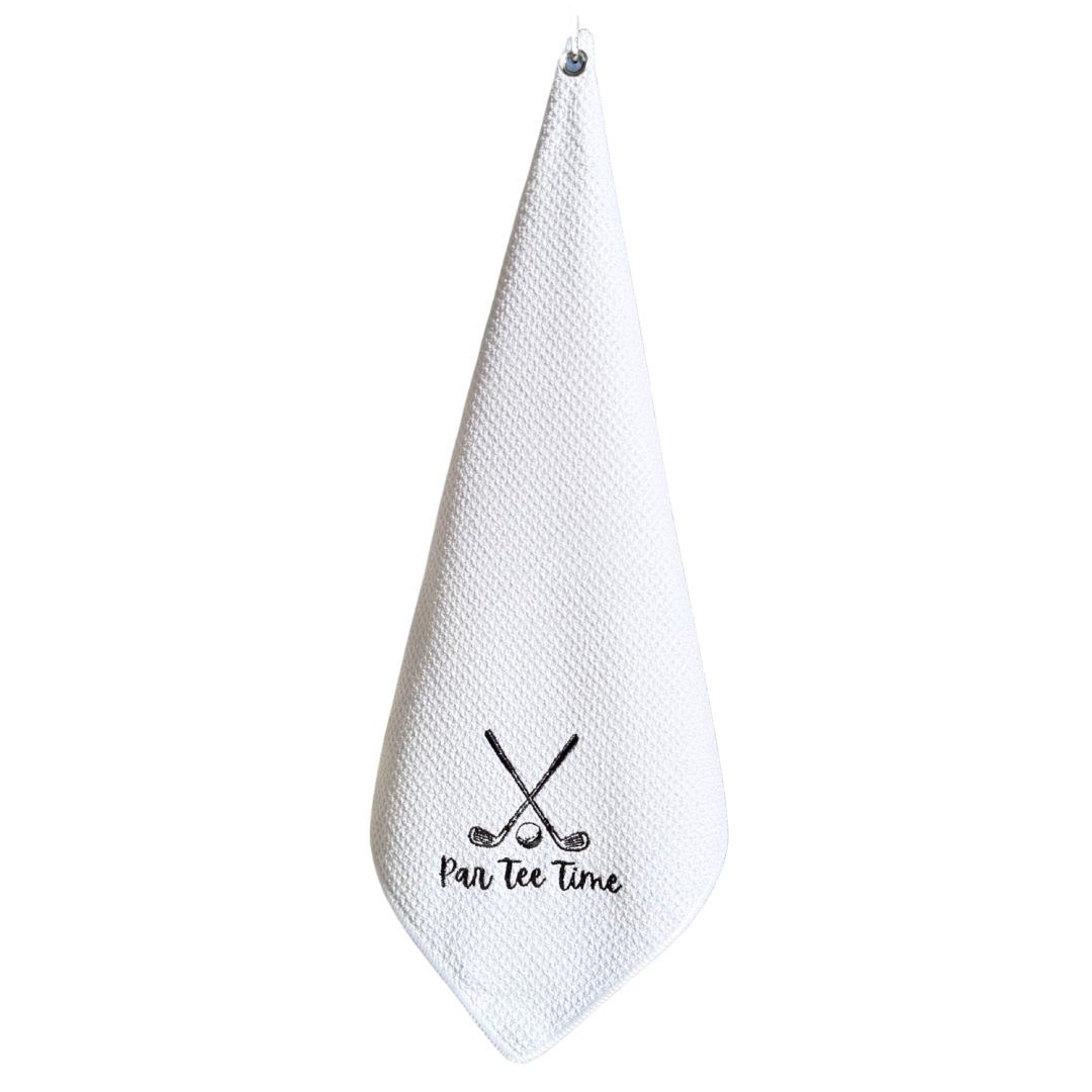 White golf towel with 'Par Tee Time' text and golf club design on a white background