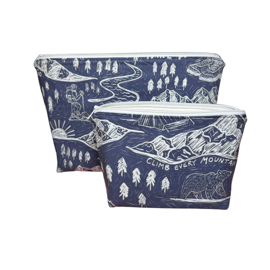 navy blue hiking themed makeup bag set