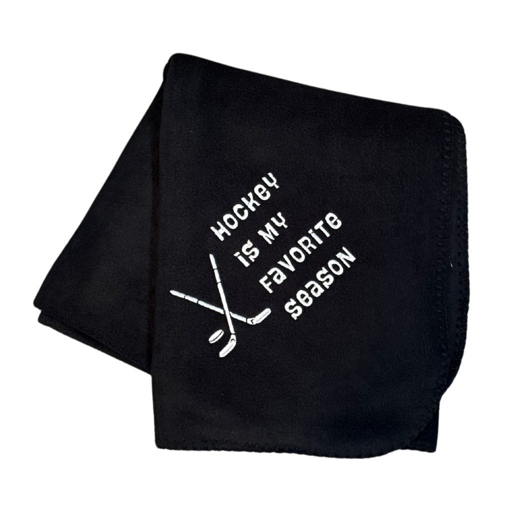 black hockey blanket with hockey is my favorite season in white stitching