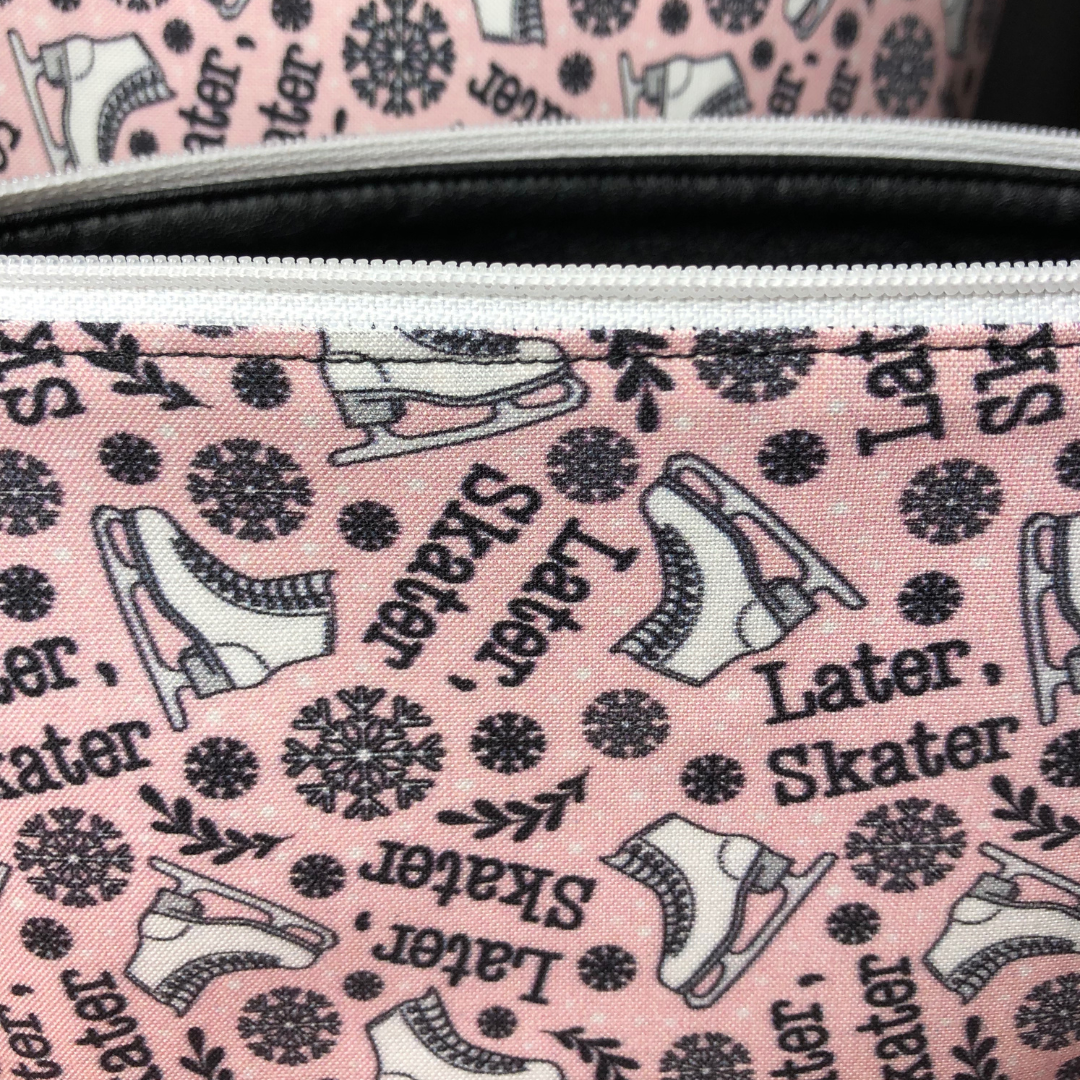 pink later skater patterned makeup bag close up picture