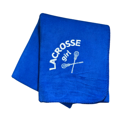 blue lacrosse blanket with white embroidery