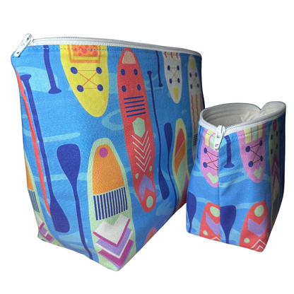 side view of paddleboard makeup bags with boxed out bottom