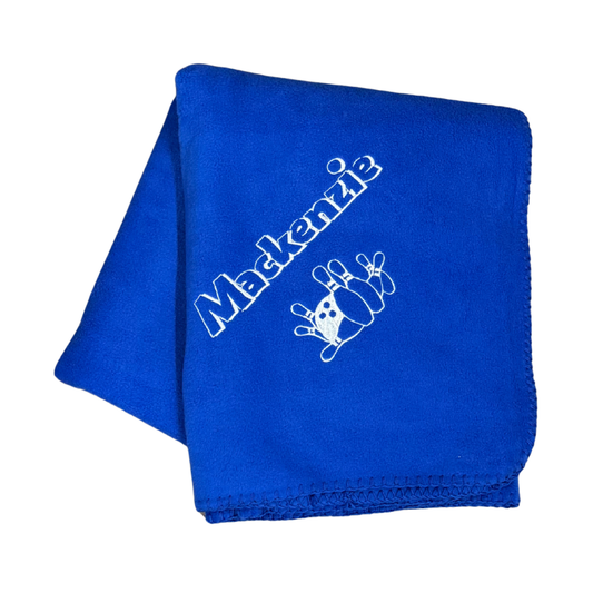 custom blue bowling blanket with name embroidered in white stitching