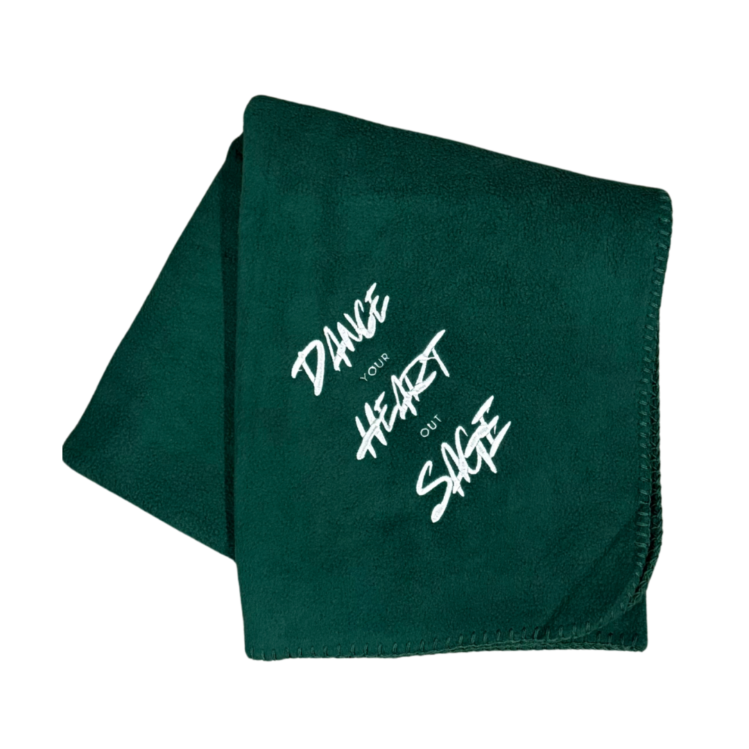 personalized green dance blanket with embroidery in white thread