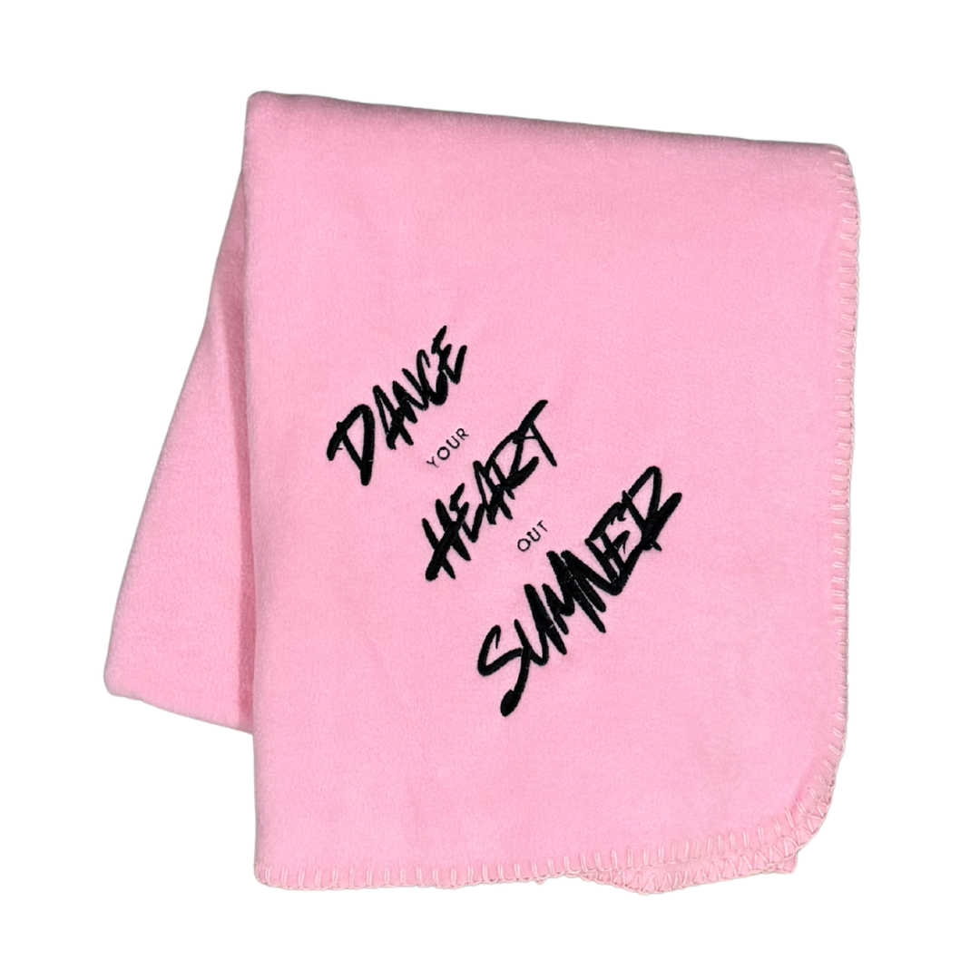 personalized pink dance blanket with embroidery in black thread