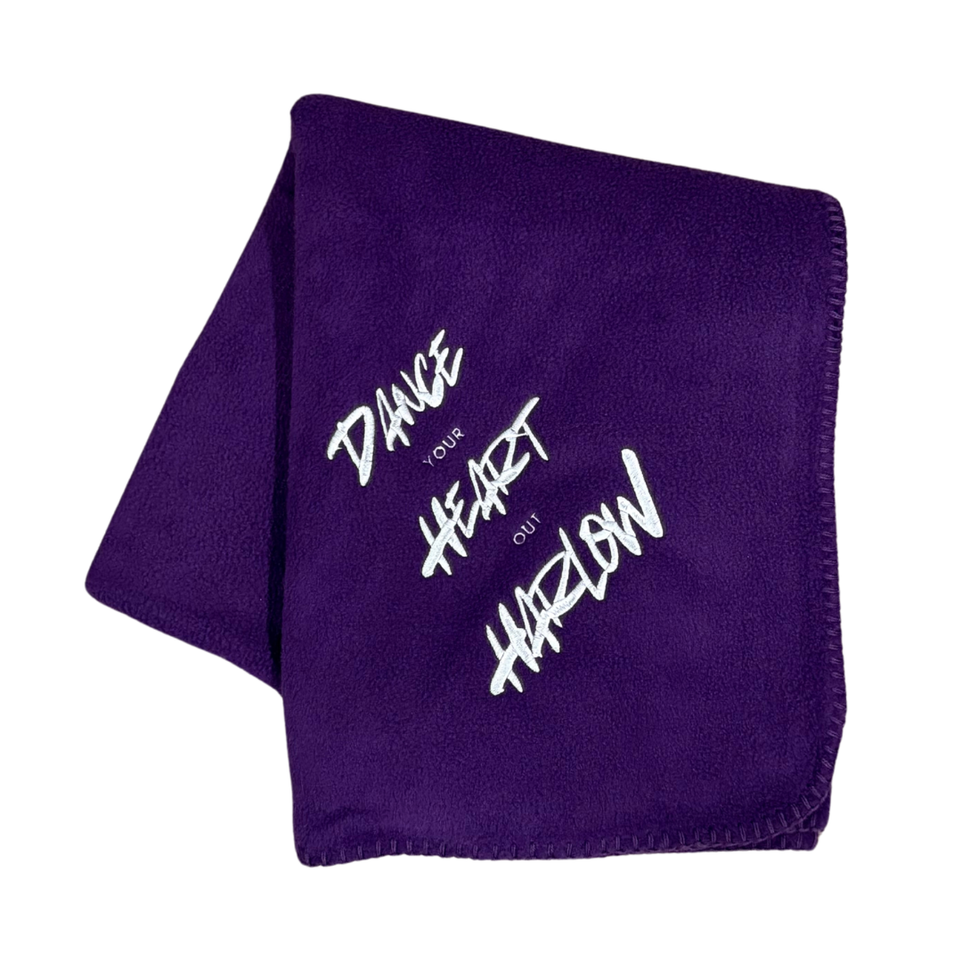 personalized purple dance blanket with embroidery in white thread