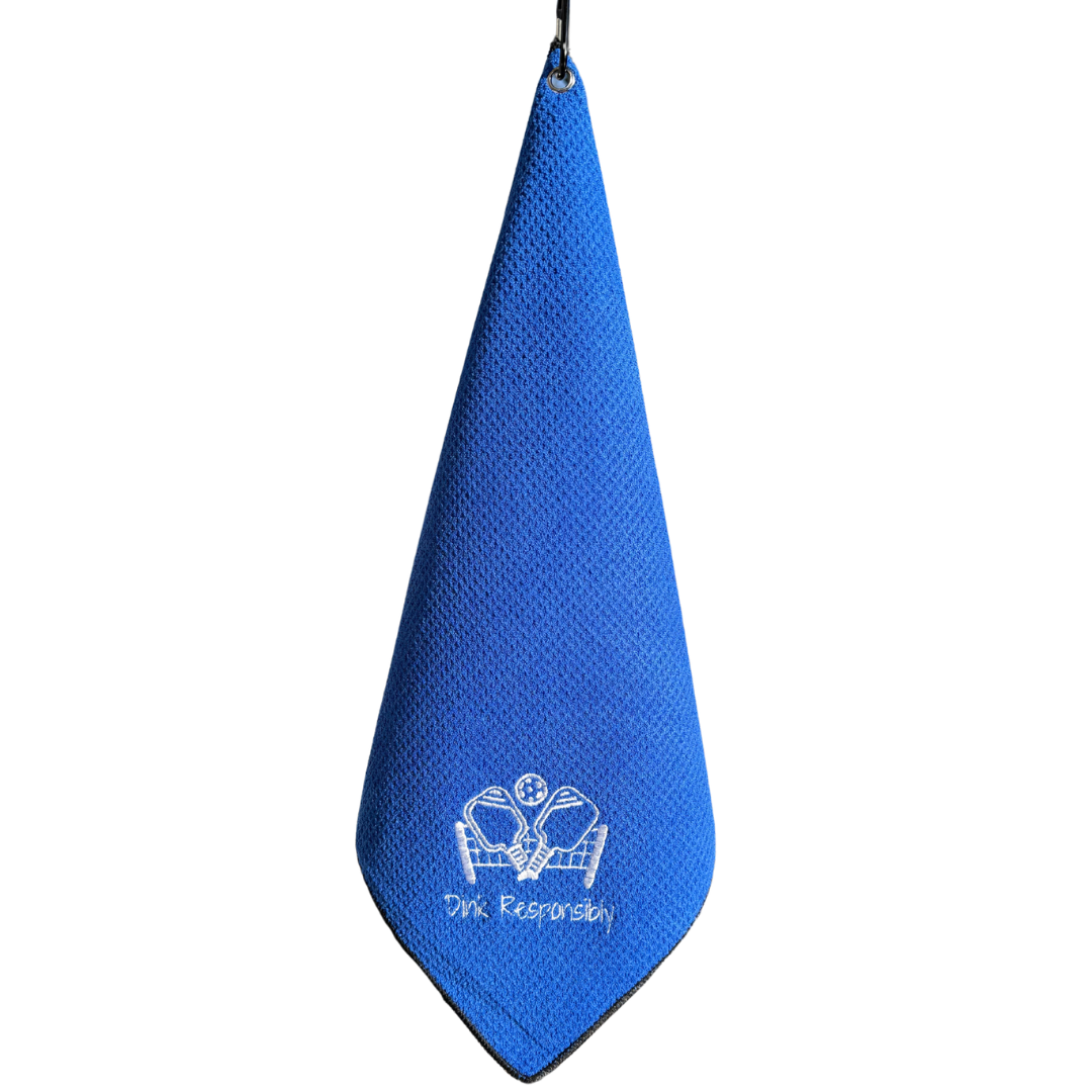Blue Pickleball microfiber towel with Dink Responsibly embroidered in white thread