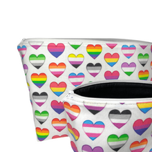 Load image into Gallery viewer, pride makeup bags with hearts and black vinyl lining
