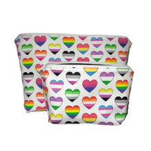 Load image into Gallery viewer, set of makeup bags with hearts with pride colors
