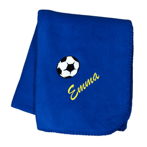 personalized soccer blanket with a black and white soccer ball and name Emma underneath the ball
