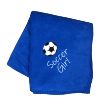 Load image into Gallery viewer, royal blue soccer girl blanket with soccer ball
