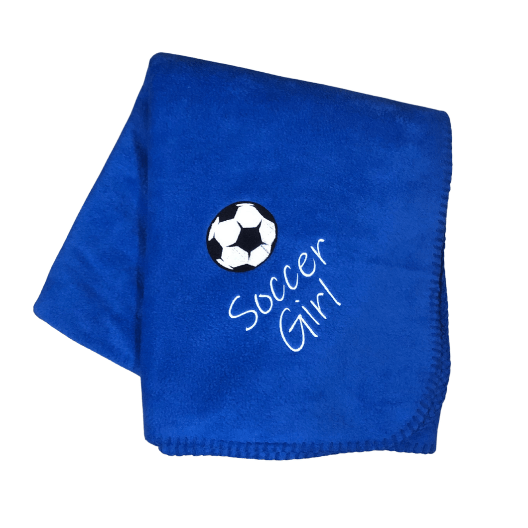 royal blue soccer girl blanket with soccer ball