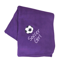 Load image into Gallery viewer, purple soccer girl fleece blanket with soccer ball
