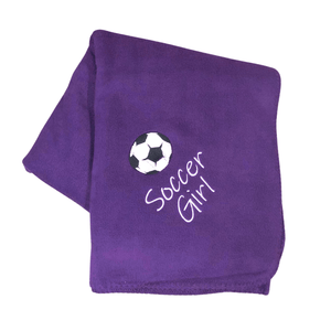 purple soccer girl fleece blanket with soccer ball