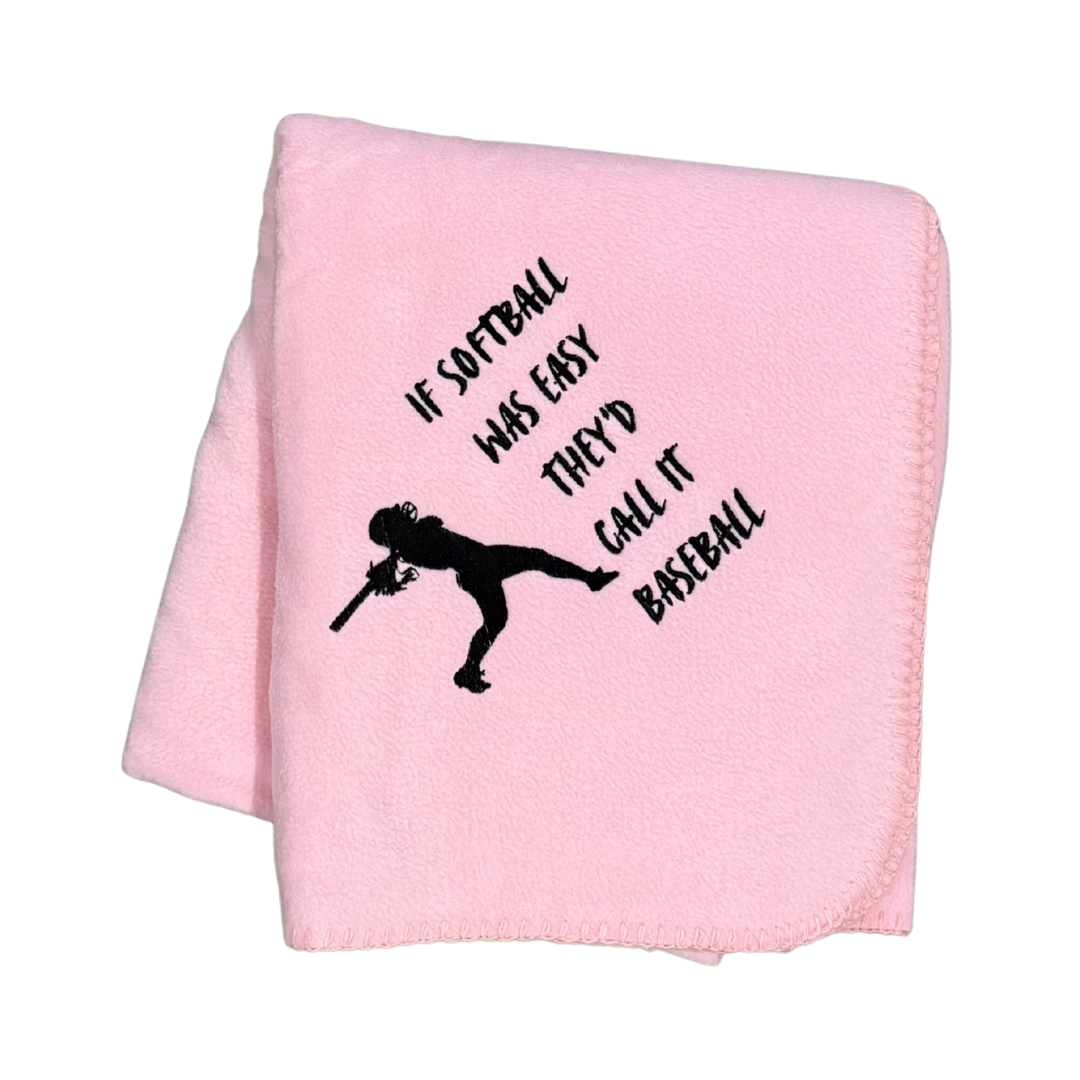 Pink blanket with black text and silhouette of a baseball player