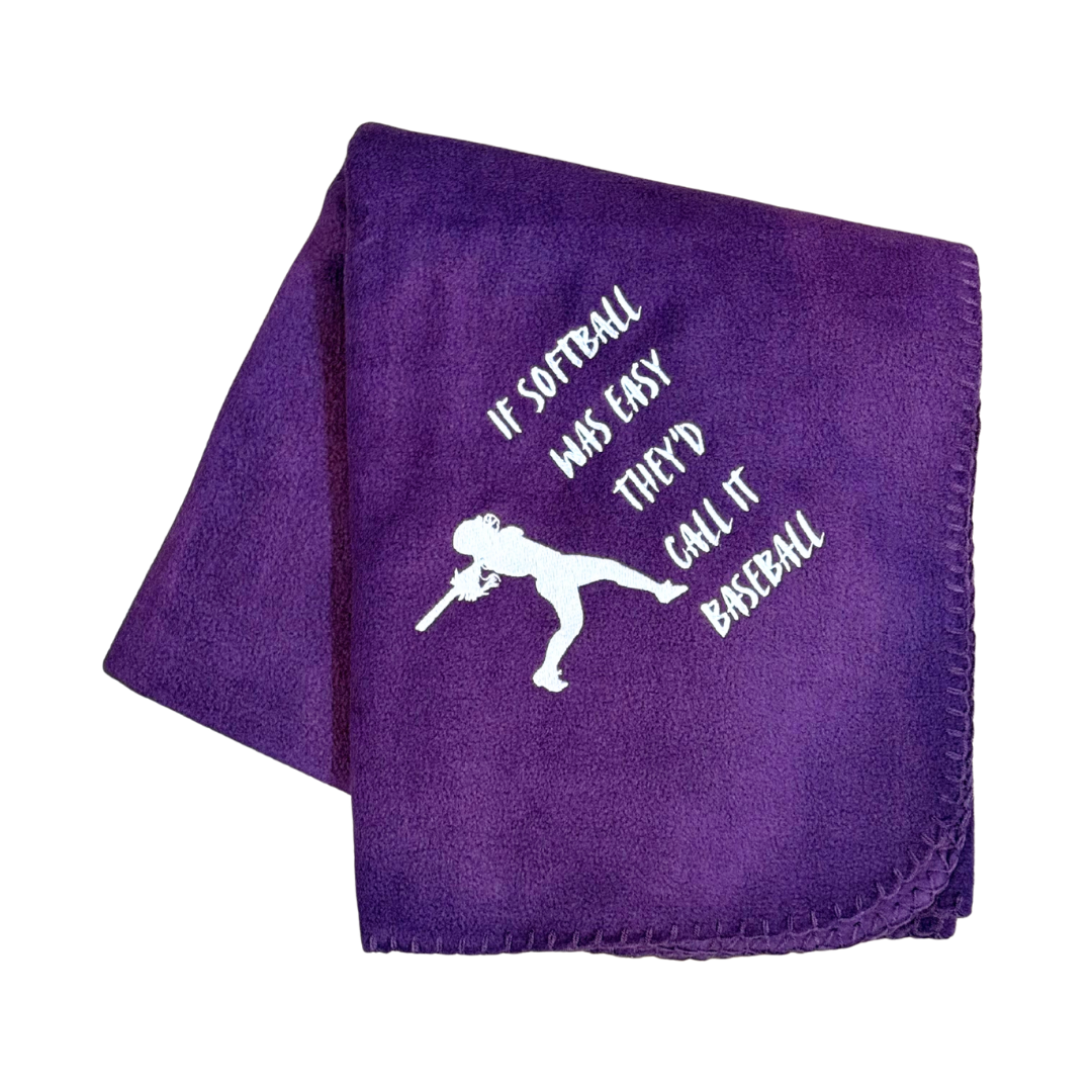 purple fleece blanket with softball girl and text in white
