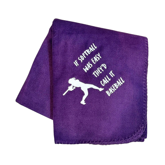 purple fleece blanket with softball girl and text in white