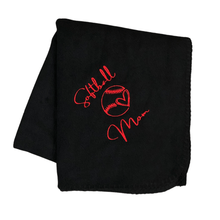 Load image into Gallery viewer, black softball mom blanket with red stitching
