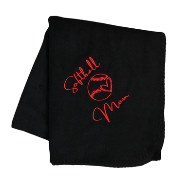 black softball mom blanket with red stitching