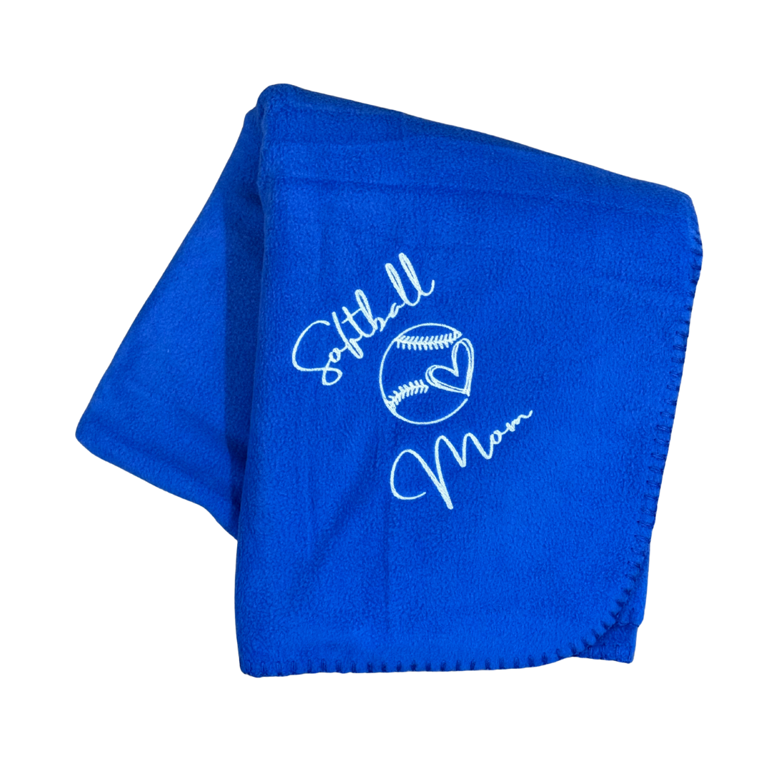 Blue blanket with 'Softball Mom' text and design in white stitching