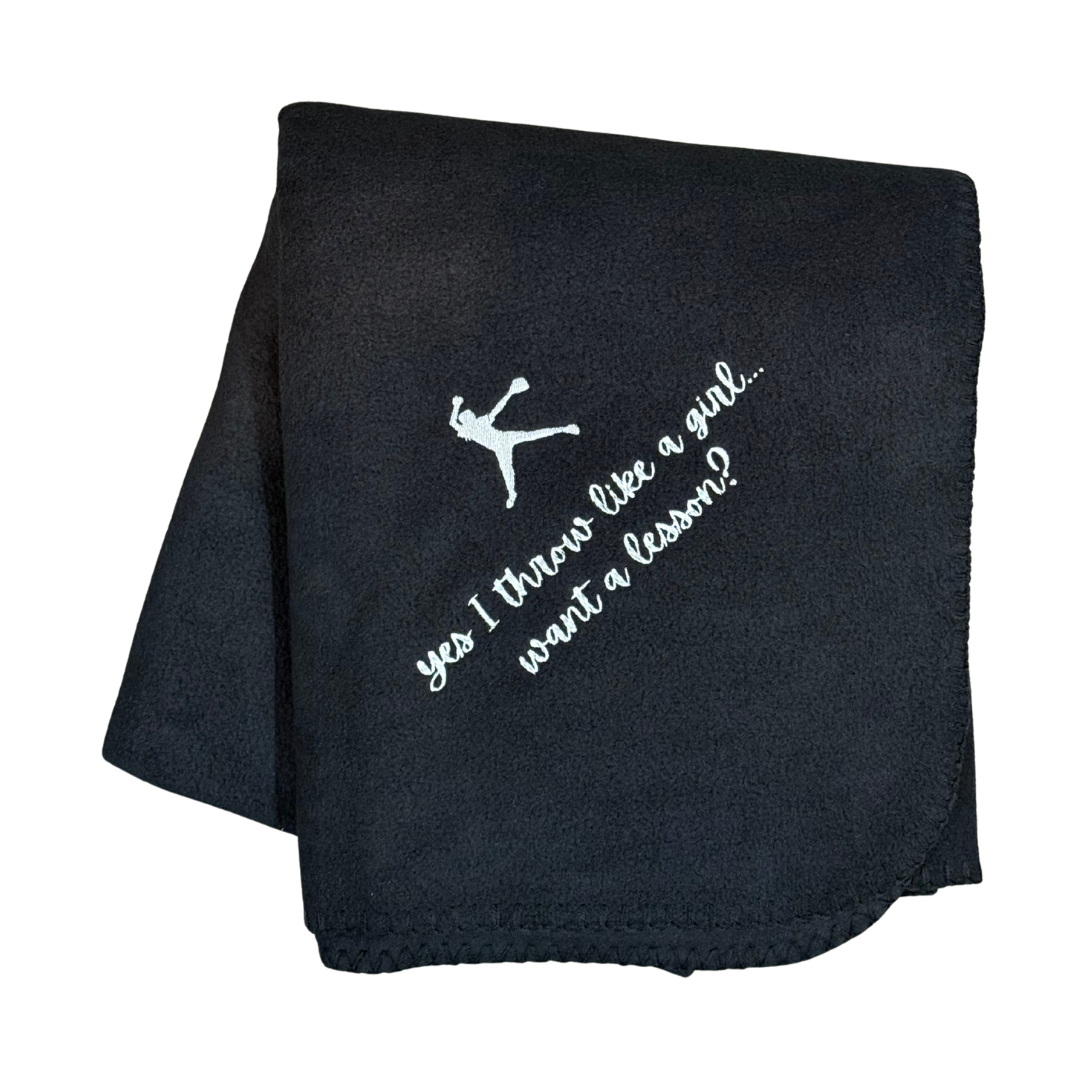 Black softball blanket with white text and graphic