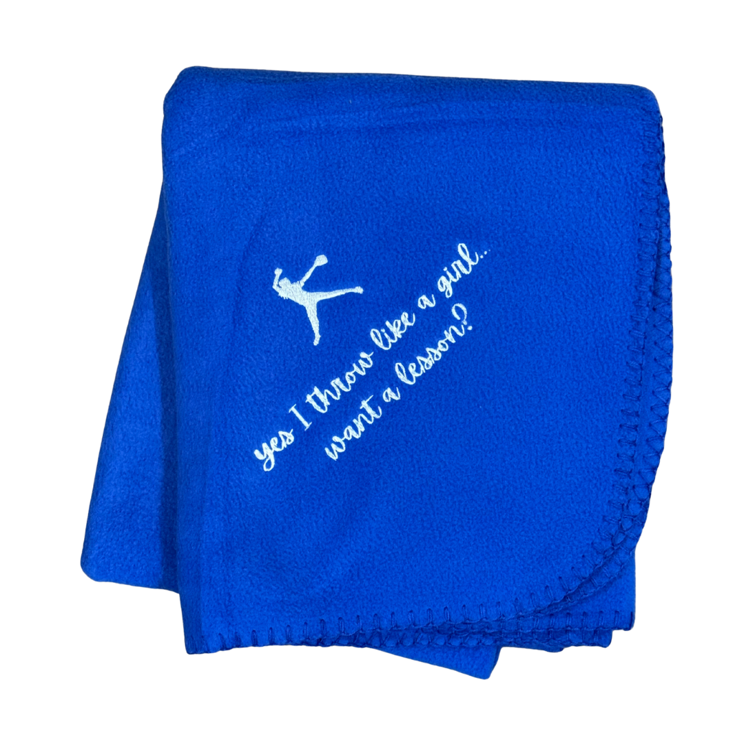 Blue blanket with white text and graphic