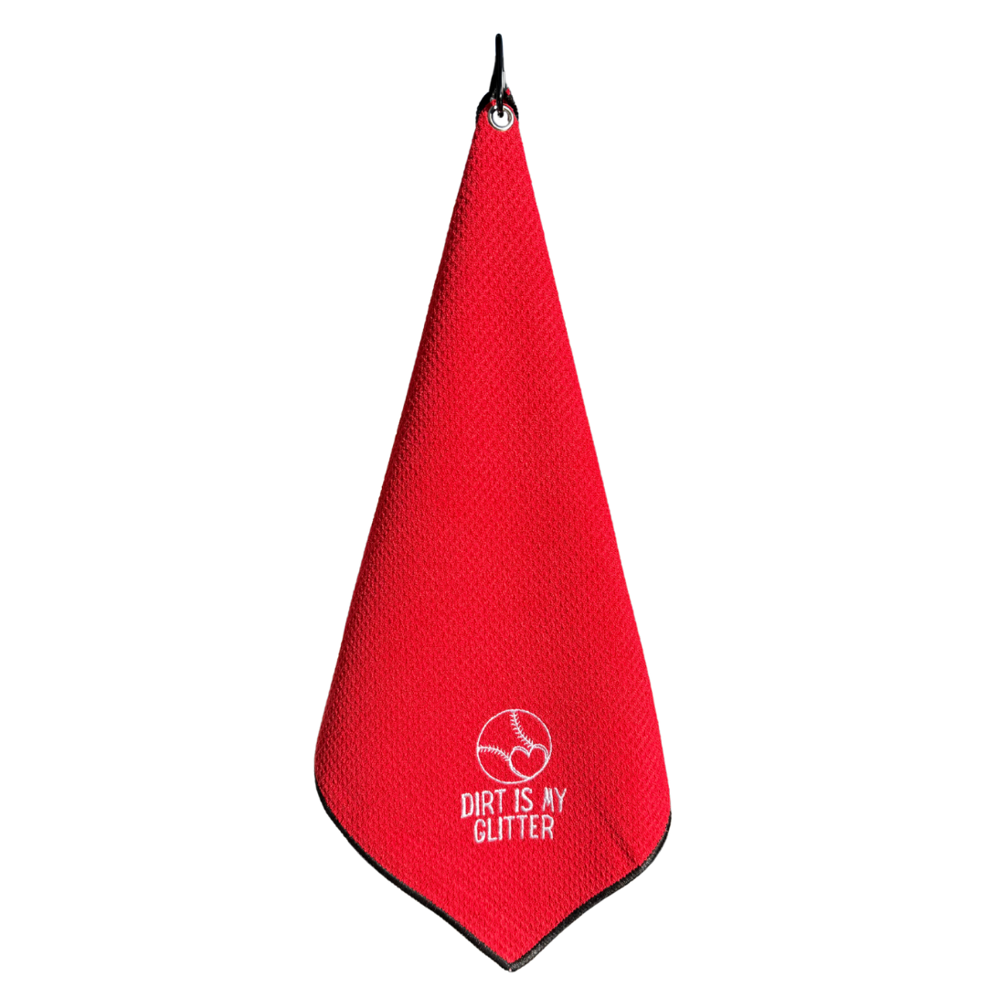 Red towel with 'Dirt is My Glitter' text and logo on a white background