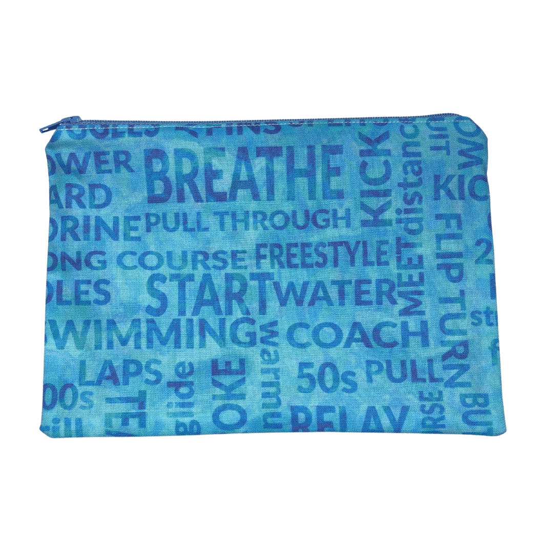 blue swimming pencil bag with swim terms