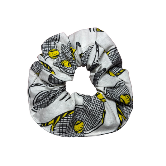 white tennis scrunchie with yellow tennis balls and rackets