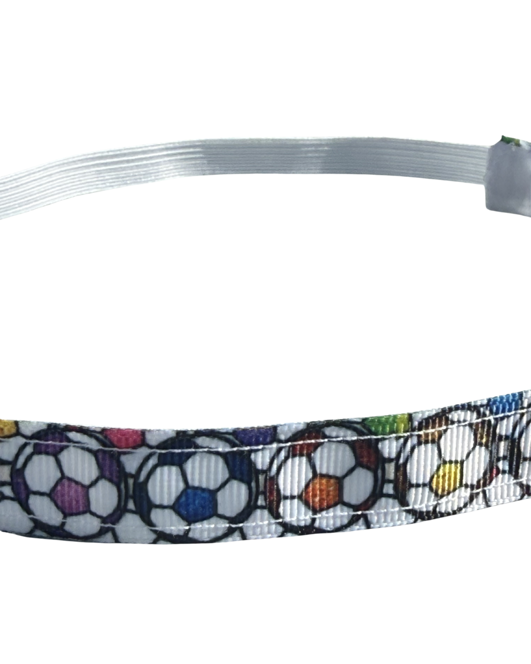 Colorful soccer ball patterned headband on a white background