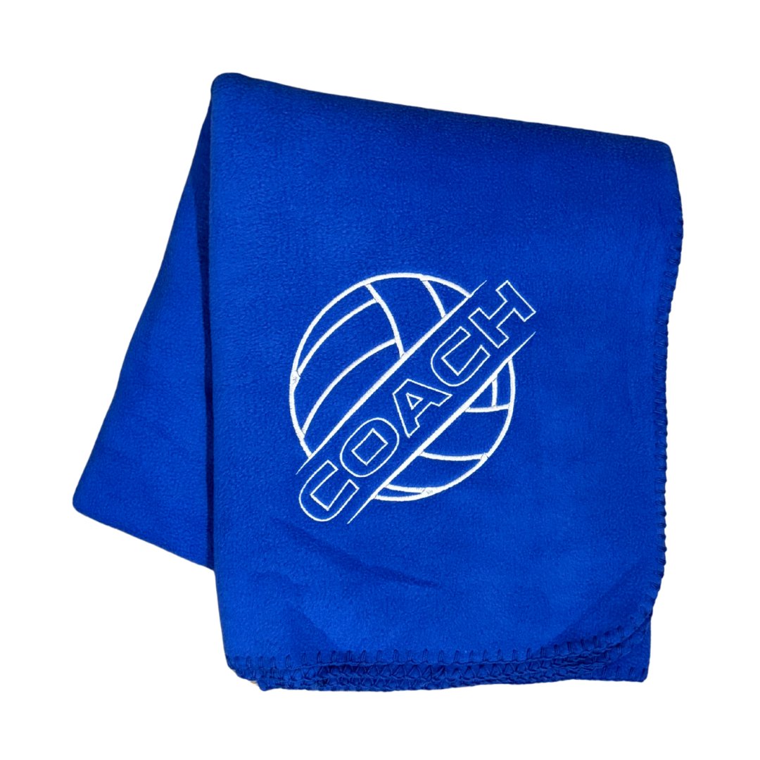 blue volleyball fleece blanket with Coach embroidered in white thread