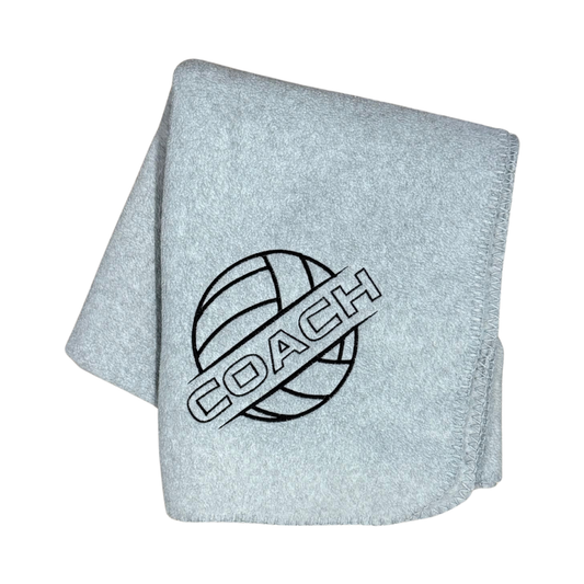 gray volleyball fleece blanket with Coach embroidered in black thread