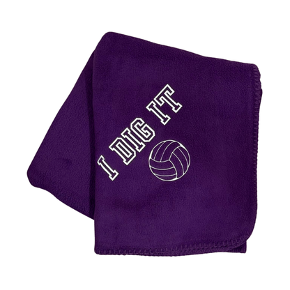 purple fleece blanket with I Dig It and a volleyball embroidered in white thread