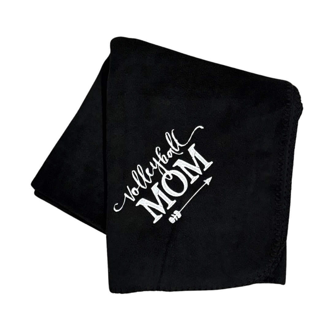 black volleyball mom fleece blanket with white embroidered stitching