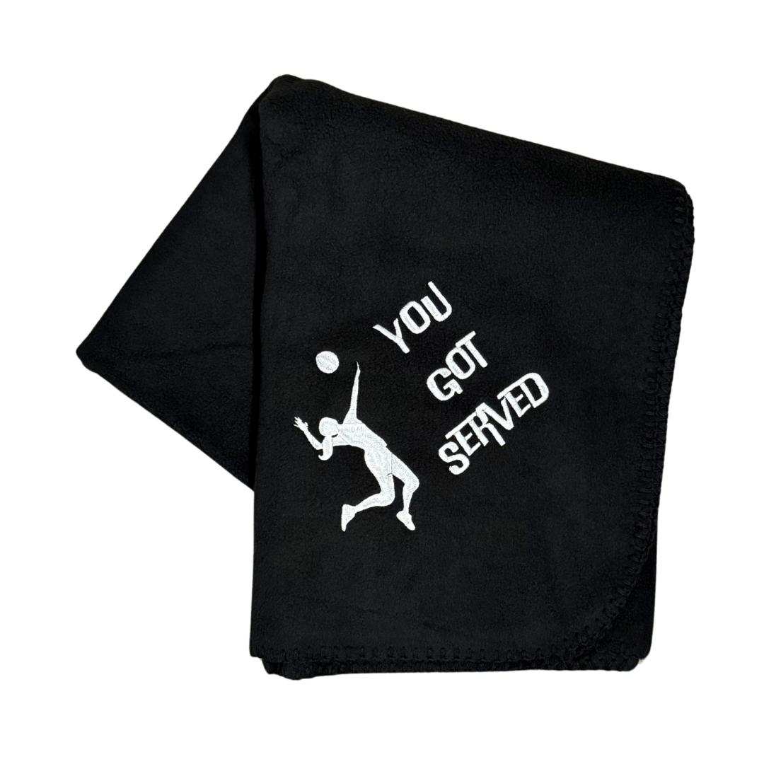 black fleece blanket with You got served and a volleyball girl in white  embroidery